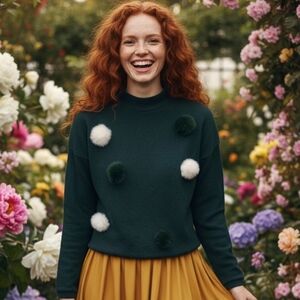 Fun Rabbit Fur Pom-Pom Sweater In Green and White
